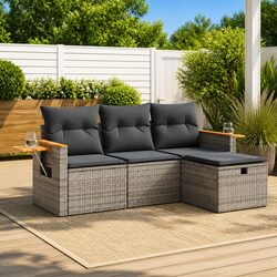 Garden Sofa Set 4 Piece Outdoor Patio Furniture Grey Poly Rattan with Cushions