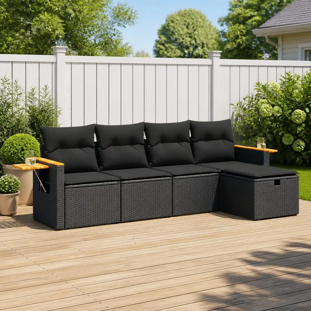 Garden Sofa Set Black 5 Piece Modular Outdoor Furniture with Cushions and Storage