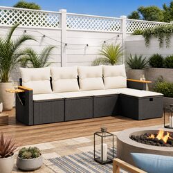 Outdoor Garden Sofa Set 5 Piece Black Poly Rattan Patio Furniture with Cushions