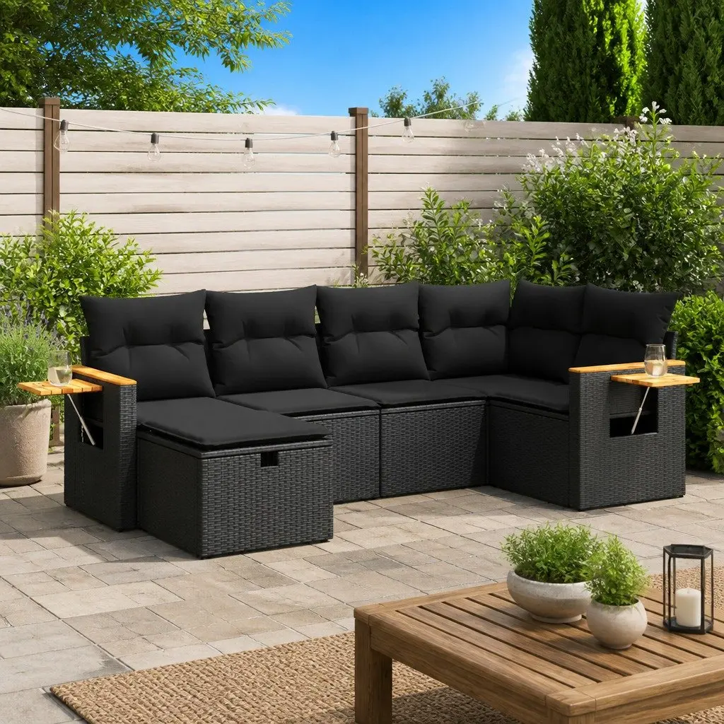 Garden Sofa Set Black 6 Piece Outdoor Furniture with Cushions Storage