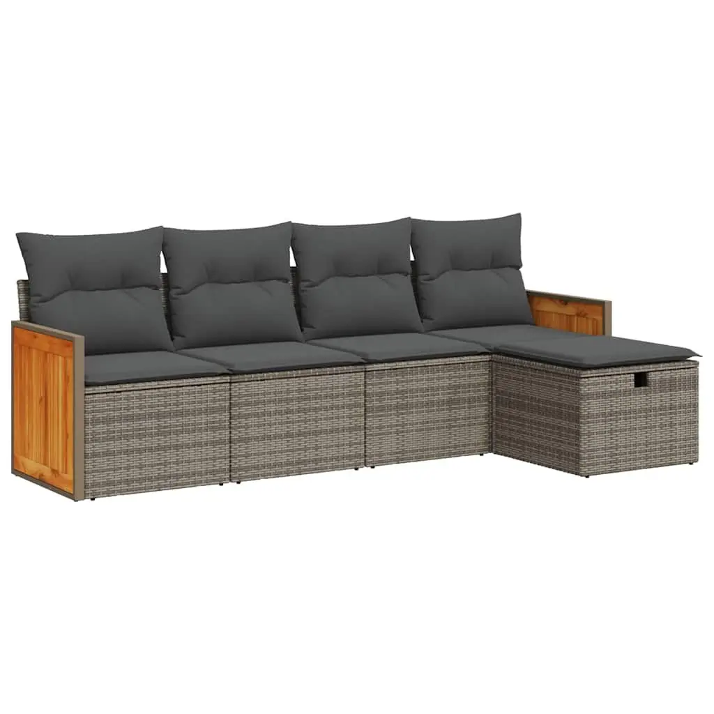 5 Piece Outdoor Sofa Set Grey PE Rattan with Cushions and Footstool for Patio Garden Terrace