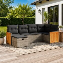 Garden Sofa Set 6 Piece Outdoor Furniture Grey Poly Rattan with Storage Cushions