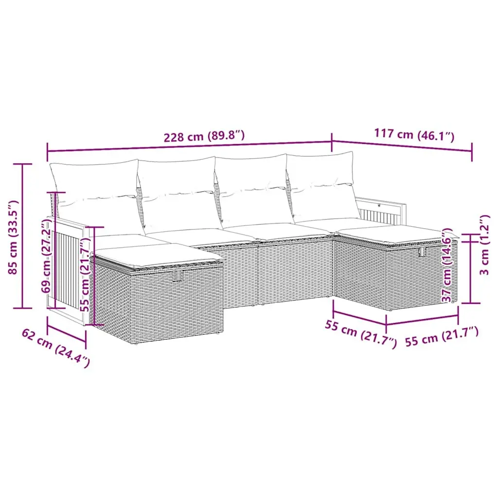 Garden Sofa Set 6 Piece Outdoor Furniture with Storage Cushions Black Poly