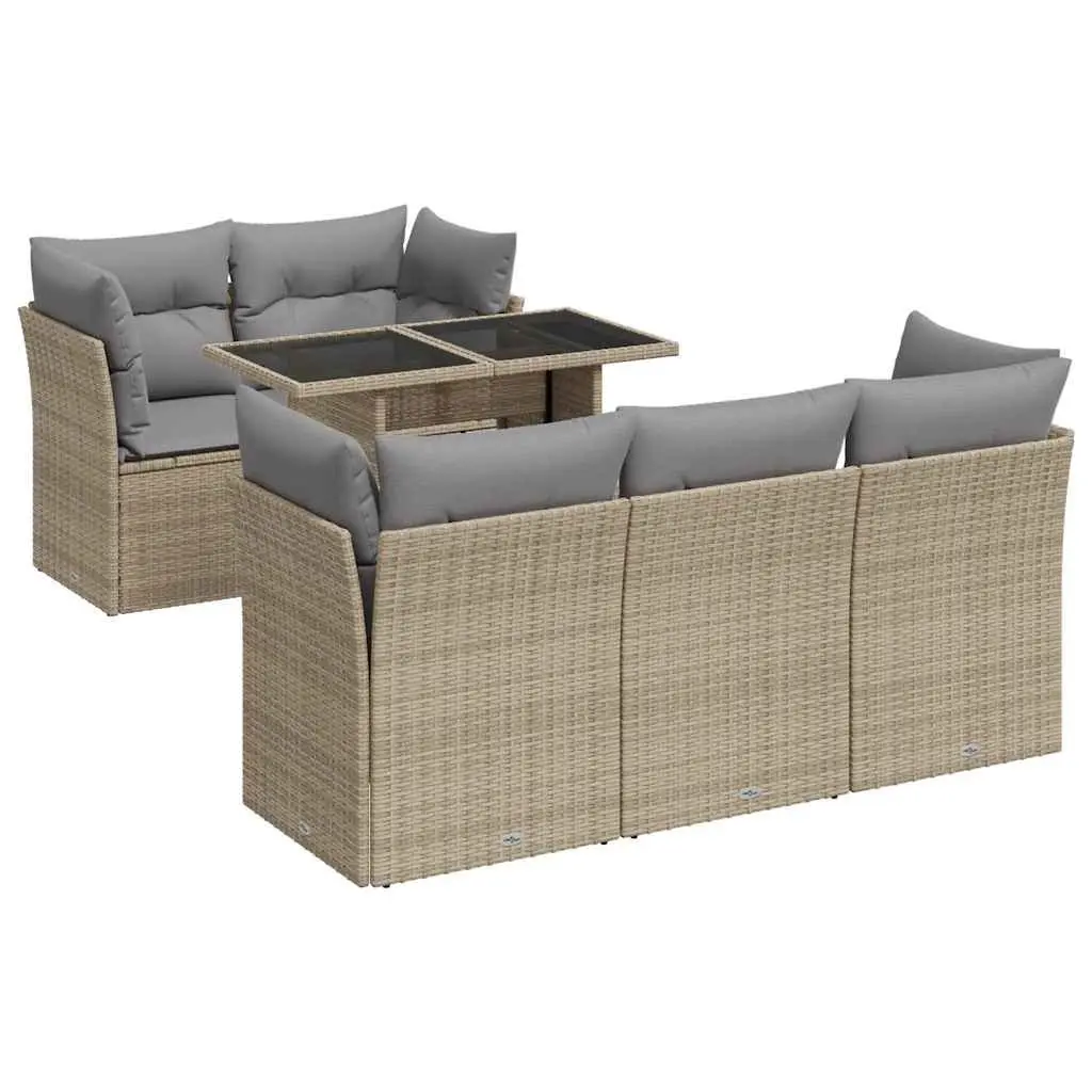 Garden Sofa Set Beige 6 Piece Outdoor Furniture Rattan Patio Sectional with Adjustable Table and Storage Function