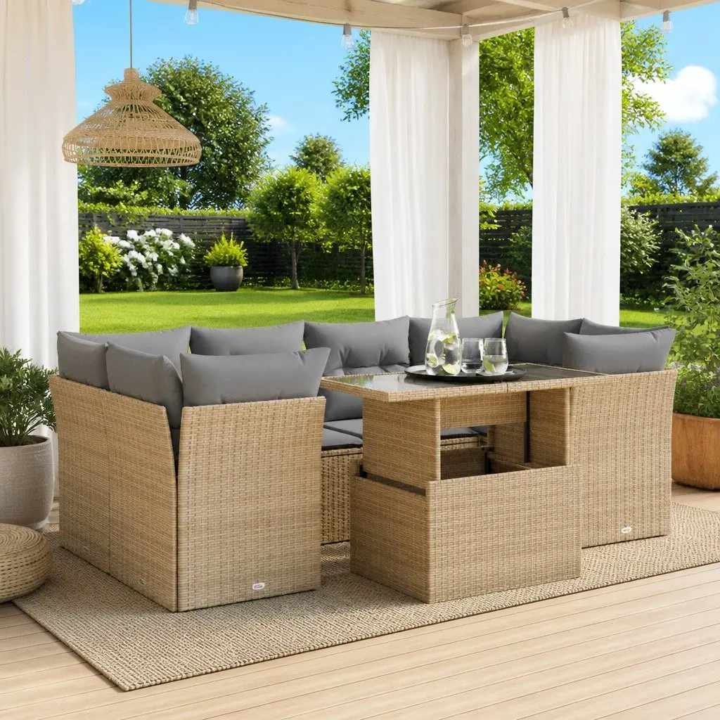 7 Piece Garden Sofa Set Beige Poly Rattan Outdoor Patio Furniture with Adjustable Table and Storage Function