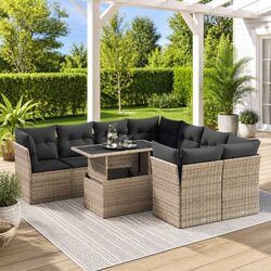 Garden Sofa Set 9 Piece Outdoor Furniture Grey Poly Rattan with Storage Cushions