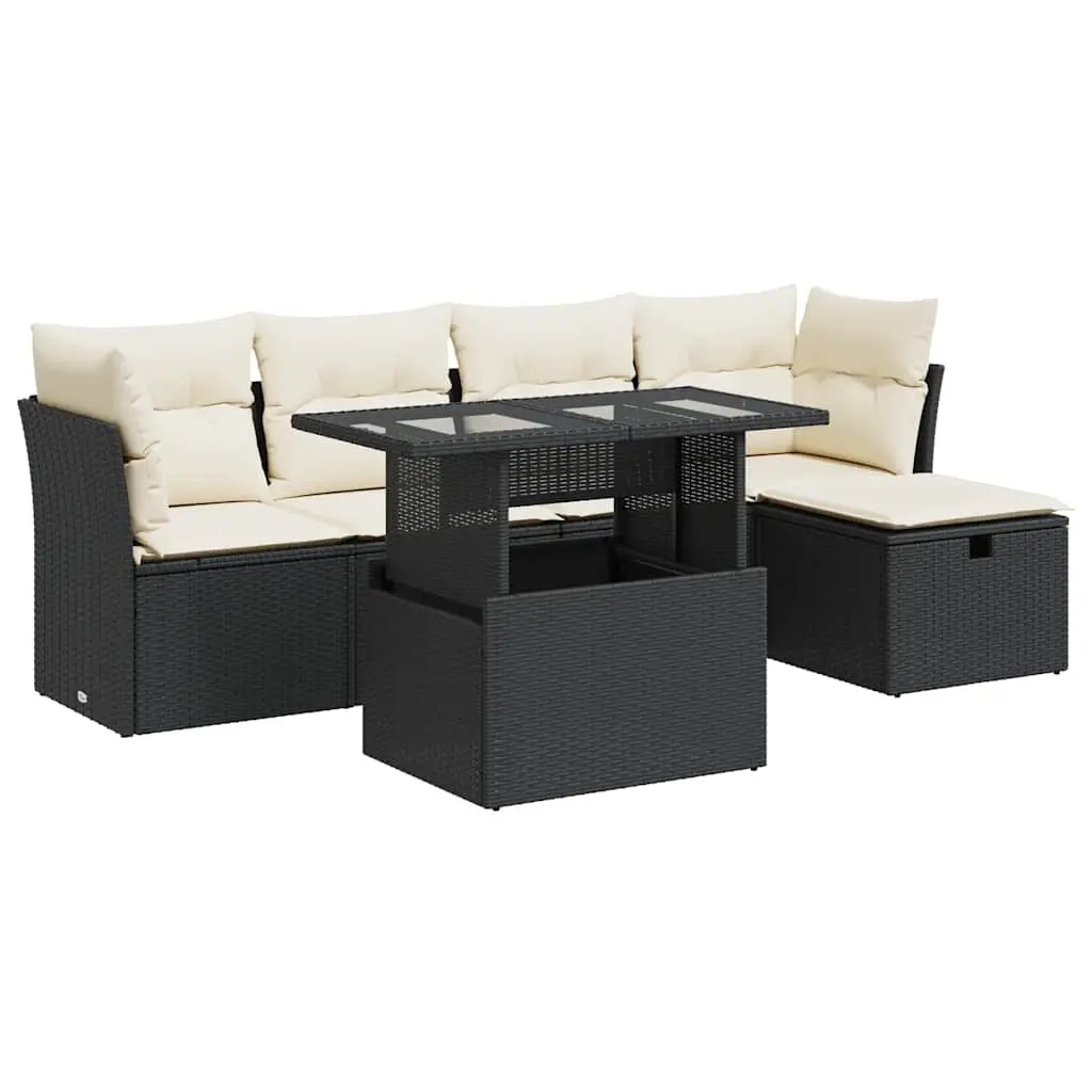 Garden Sofa Set Black 6 Piece Poly Rattan Outdoor Furniture with Cushions Adjustable Table and Storage Function