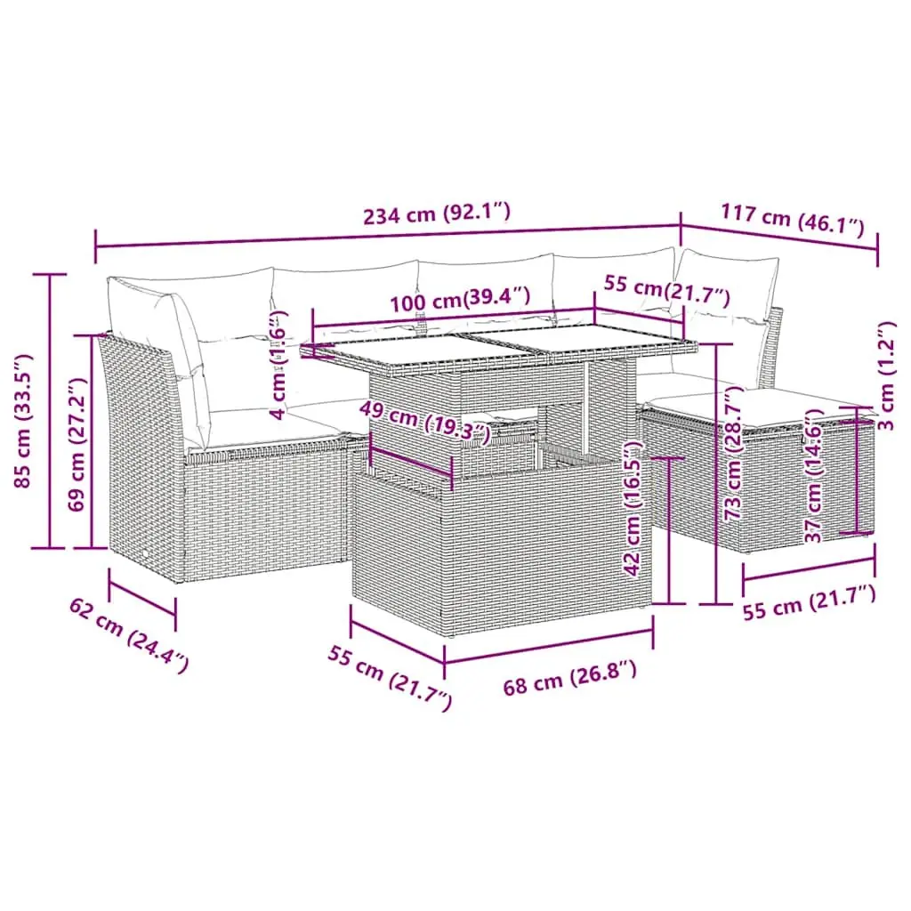 Garden Sofa Set Black 6 Piece Poly Rattan Outdoor Furniture with Cushions Adjustable Table and Storage Function