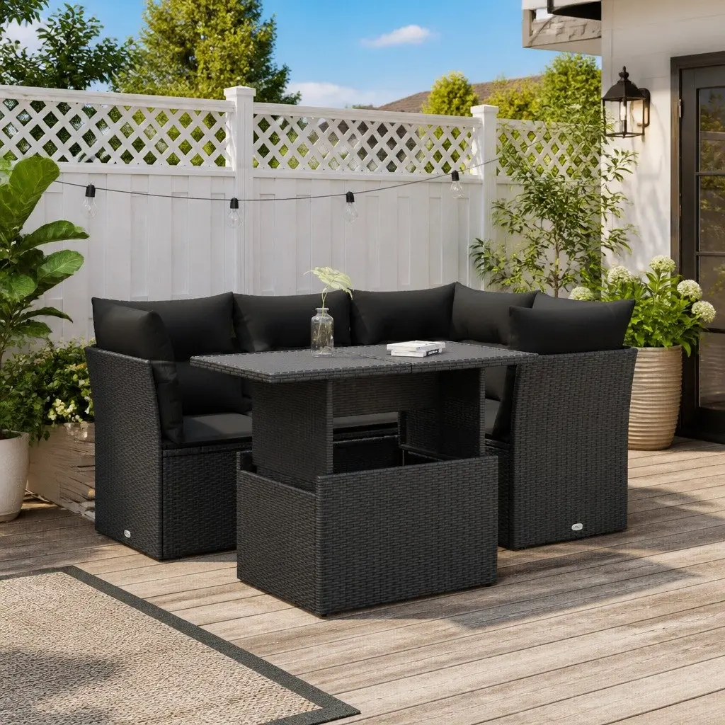 Garden Sofa Set Black 5 Piece Outdoor Furniture Poly Rattan with Cushions