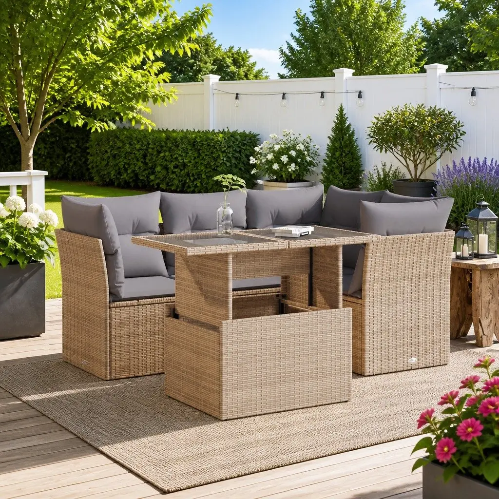 Garden Sofa Set Beige 5 Piece Outdoor Furniture Adjustable Table Storage Function
