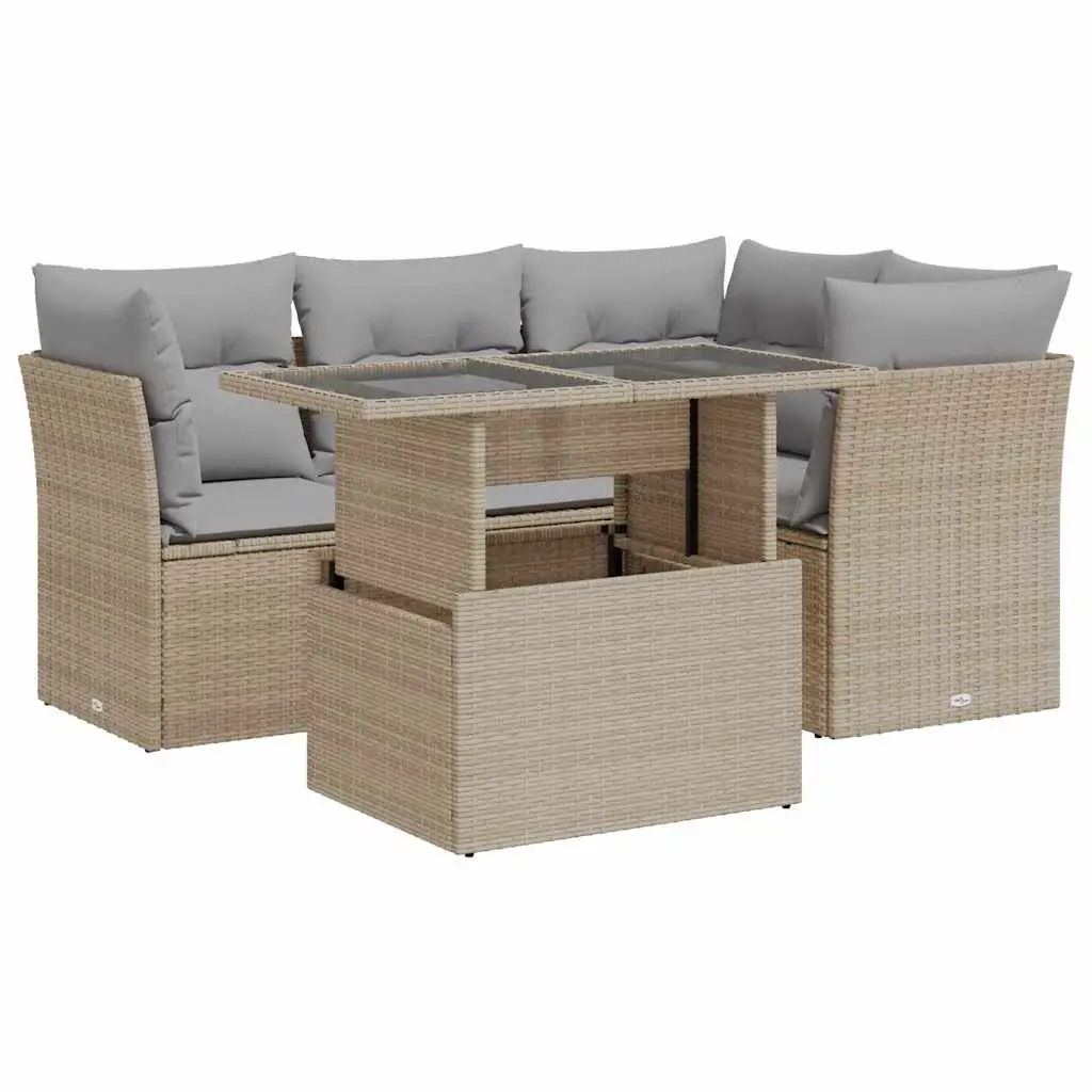 Garden Sofa Set Beige 5 Piece Outdoor Furniture Adjustable Table Storage Function
