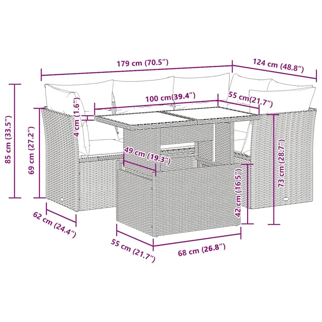 Garden Sofa Set Beige 5 Piece Outdoor Furniture Adjustable Table Storage Function