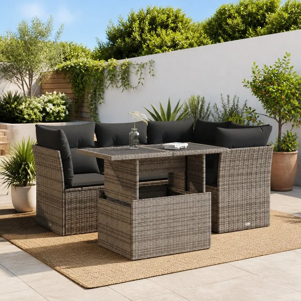 Garden Sofa Set Grey 5 Piece Outdoor Furniture Poly Rattan Patio Sectional with Adjustable Table Storage Function Removable Cushion Covers