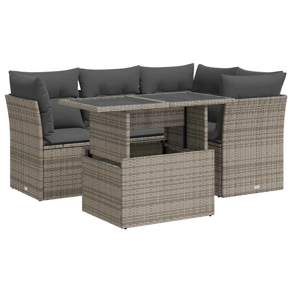 Garden Sofa Set Grey 5 Piece Outdoor Furniture Poly Rattan Patio Sectional with Adjustable Table Storage Function Removable Cushion Covers