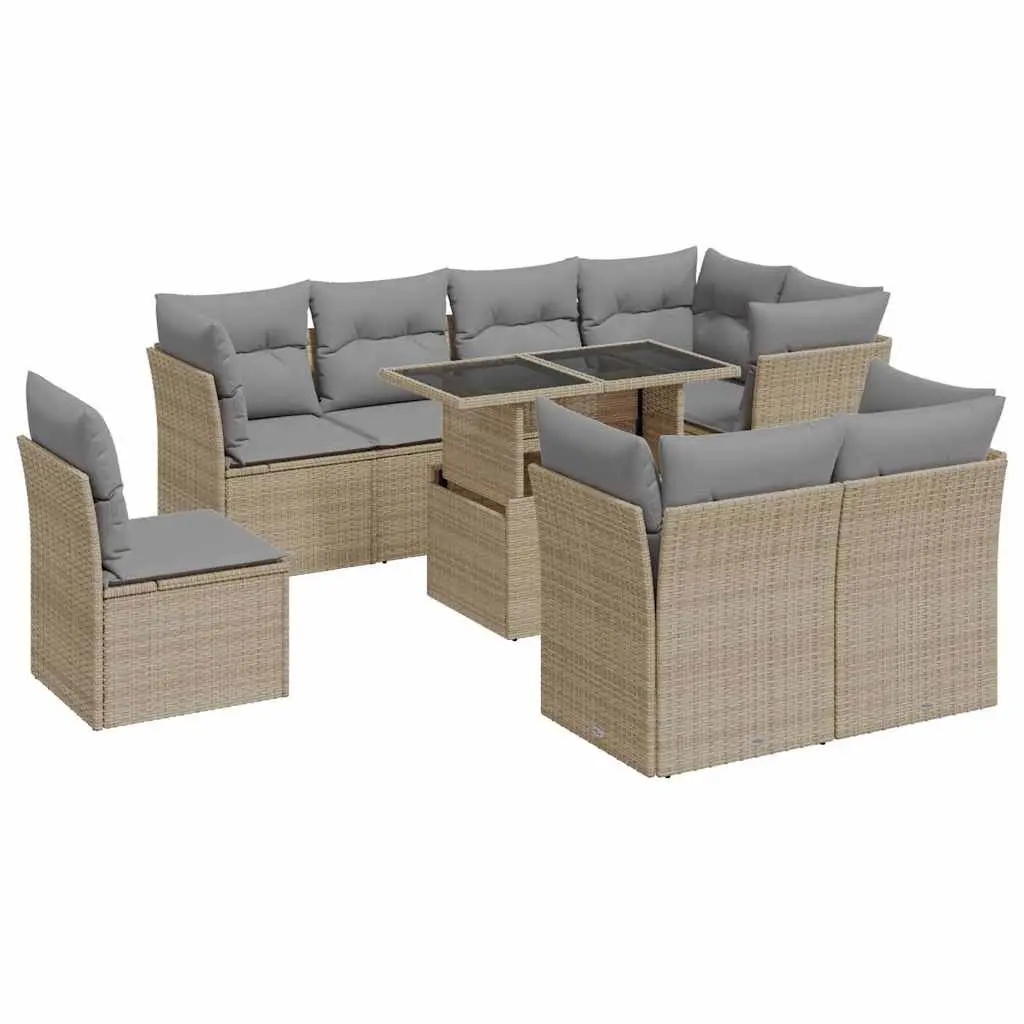 9 Piece Sofa Set Beige Poly Rattan for Garden Patio Furniture with Cushions and Adjustable Table