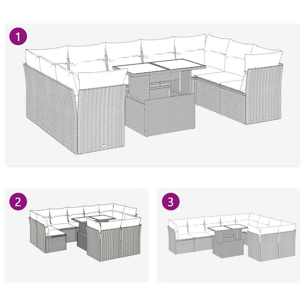 10 Piece Garden Sofa Set Black Poly Rattan with Cushions Adjustable Table Storage Compartment