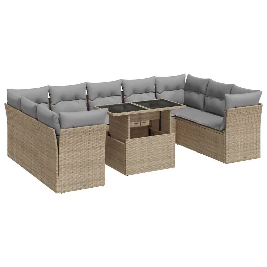 Garden Sofa Set 10 Piece Outdoor Furniture Beige Poly Rattan Patio Seating with