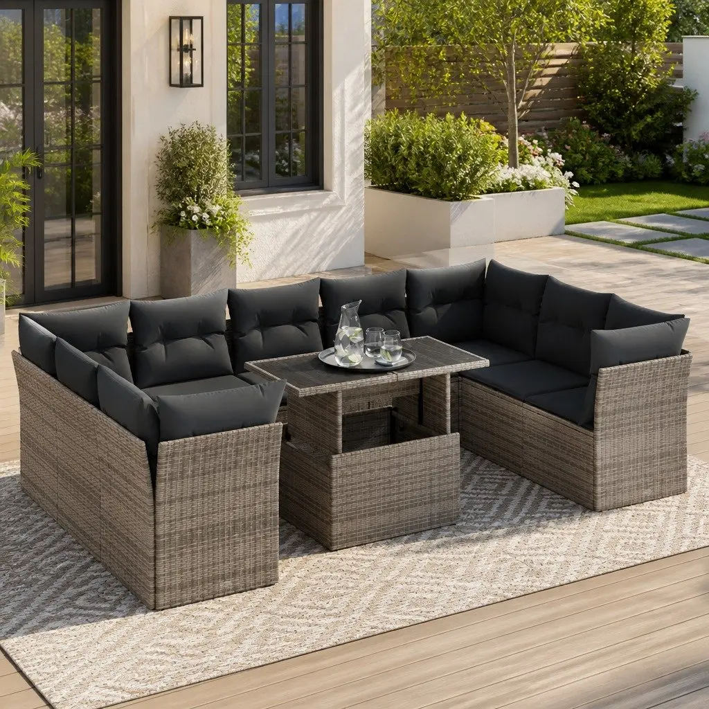 Garden Sofa Set Grey 10 Piece Outdoor Furniture Poly Rattan Patio with Storage