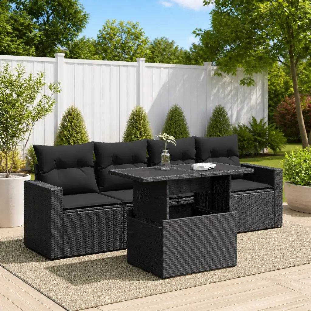 Garden Sofa Set Black 5 Piece Outdoor Furniture Poly Rattan with Adjustable Table and Storage Compartments