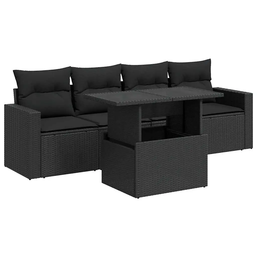 Garden Sofa Set Black 5 Piece Outdoor Furniture Poly Rattan with Adjustable Table and Storage Compartments
