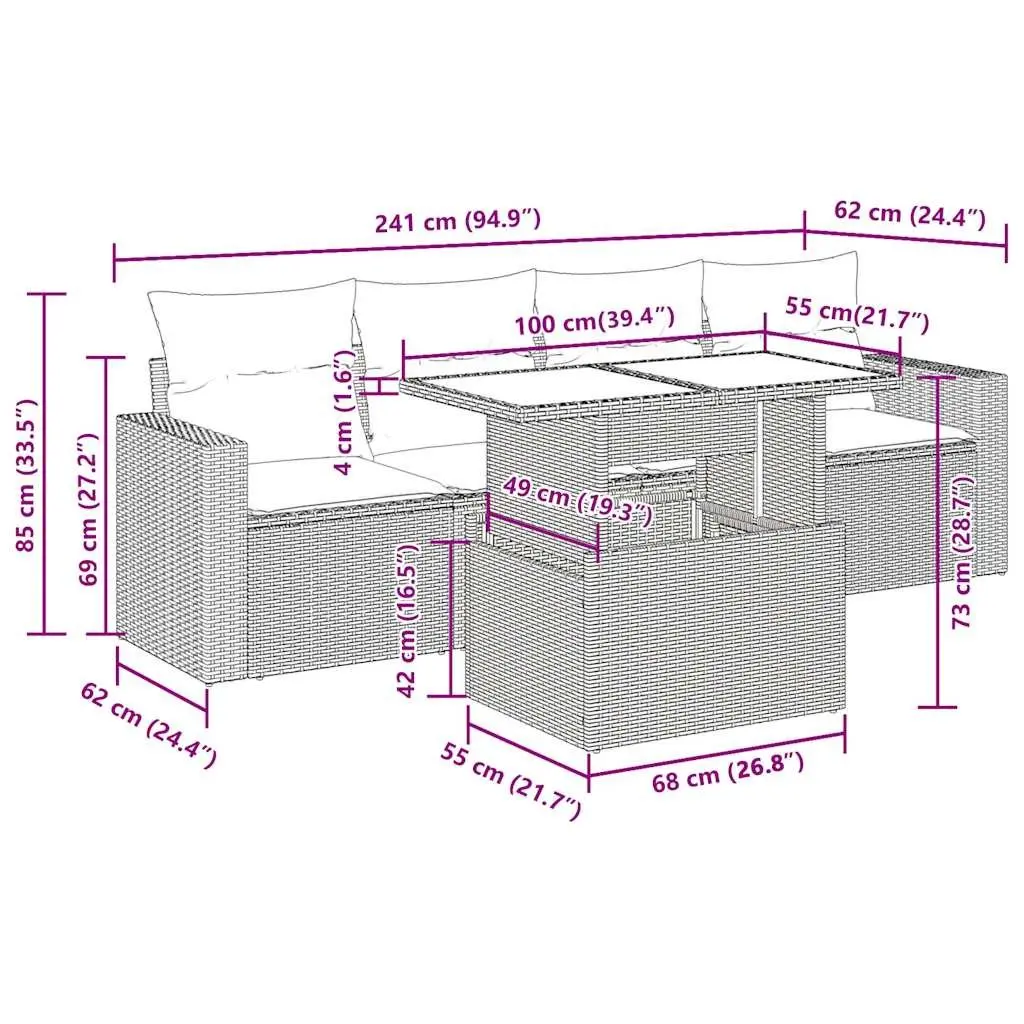 Garden Sofa Set Black 5 Piece Outdoor Furniture Poly Rattan with Adjustable Table and Storage Compartments