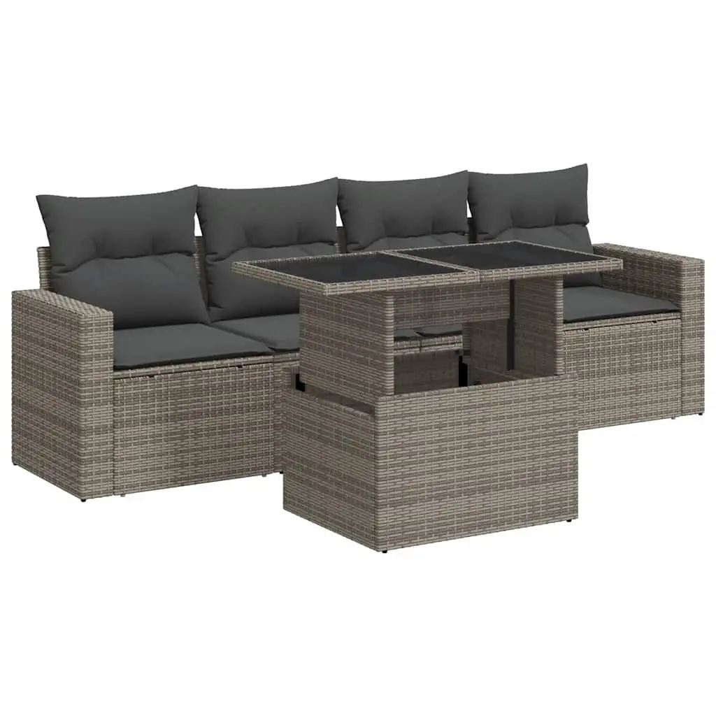 Garden Sofa Set Grey 5 Piece Outdoor Furniture Poly Rattan Patio Seating with Adjustable Table and Storage Compartment