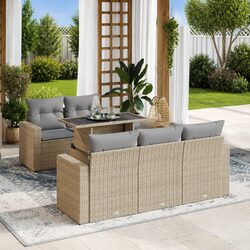 Garden Sofa Set 6 Piece Outdoor Furniture Beige PE Rattan Patio Sectional Lounge