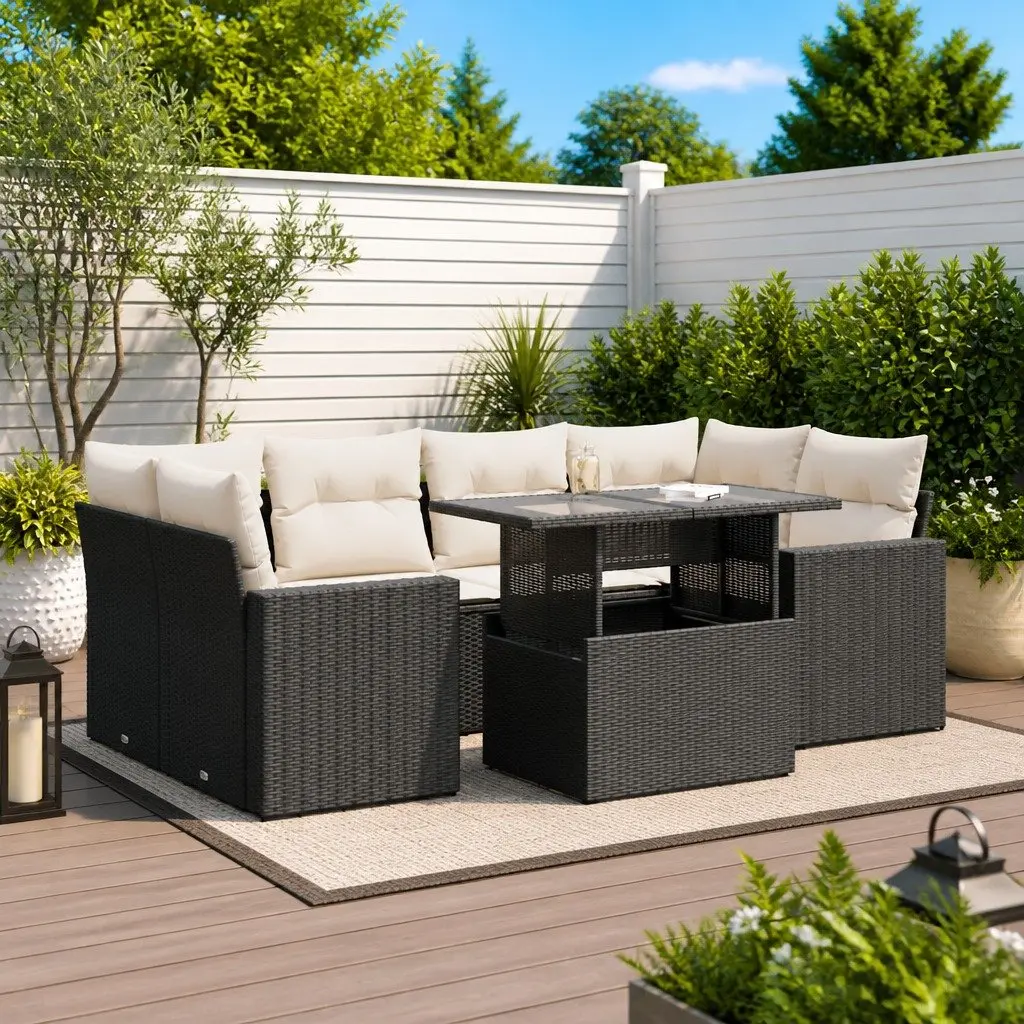 7 Piece Outdoor Sofa Set Black Weather-Resistant Cushions and Storage for Patio Furniture