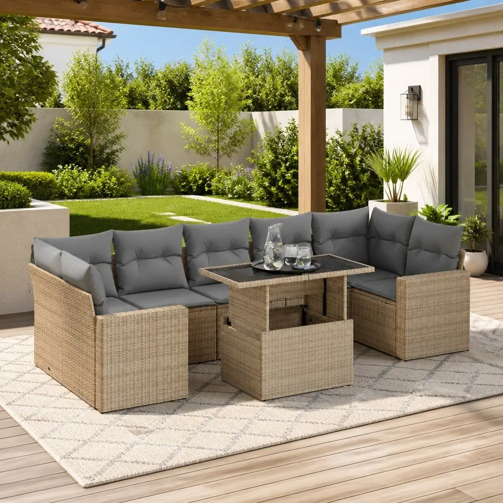 8 Piece Garden Sofa Set Beige Poly Rattan Outdoor Furniture with Adjustable Table and Removable Cushion Covers