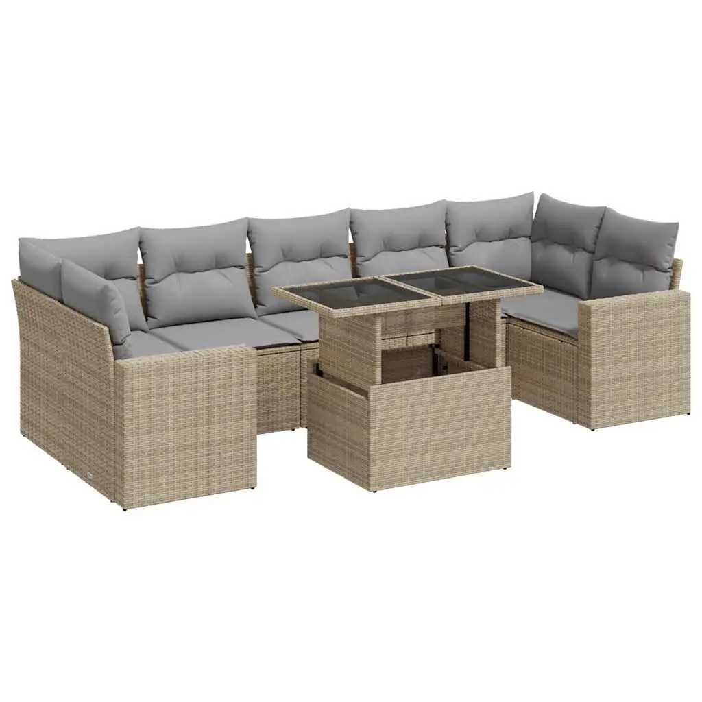 8 Piece Garden Sofa Set Beige Poly Rattan Outdoor Furniture with Adjustable Table and Removable Cushion Covers