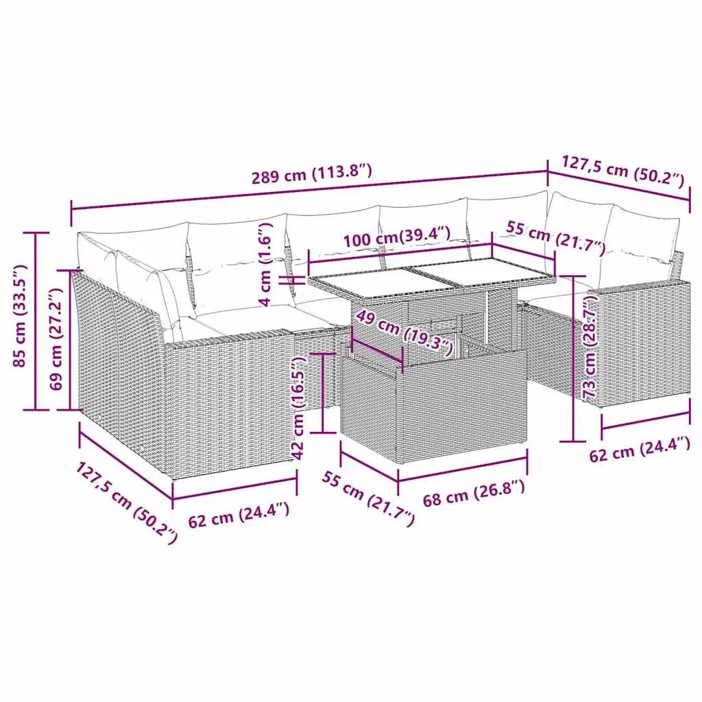8 Piece Garden Sofa Set Beige Poly Rattan Outdoor Furniture with Adjustable Table and Removable Cushion Covers