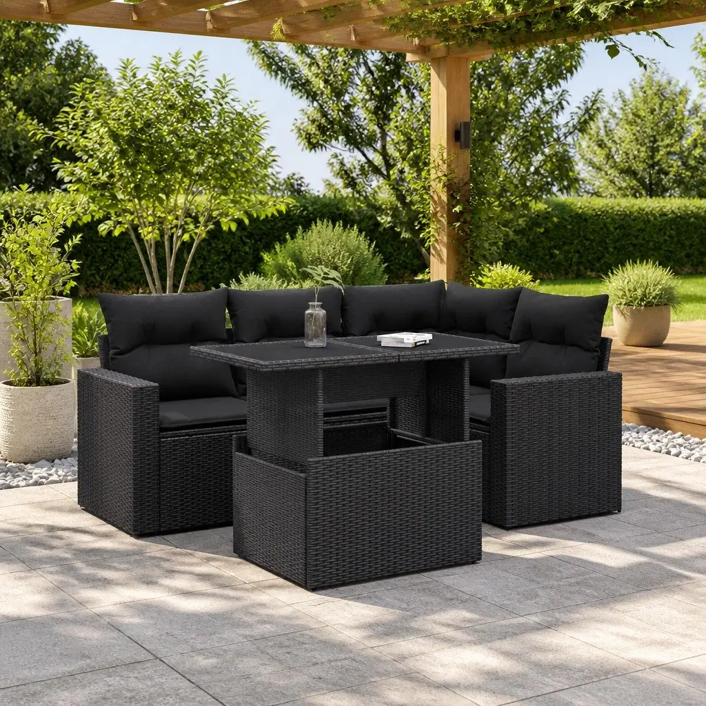 5 Piece Outdoor Sofa Set Black Sectional with Cushions Weather Resistant Rattan for Patio Garden