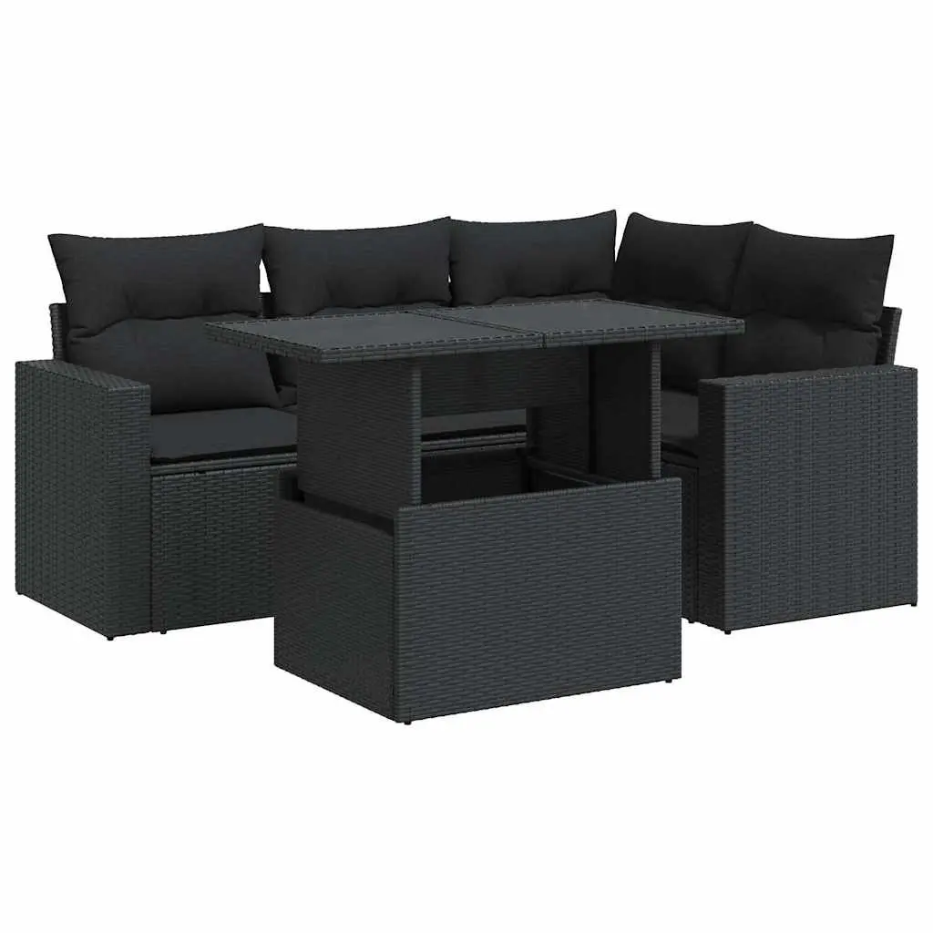 5 Piece Outdoor Sofa Set Black Sectional with Cushions Weather Resistant Rattan for Patio Garden