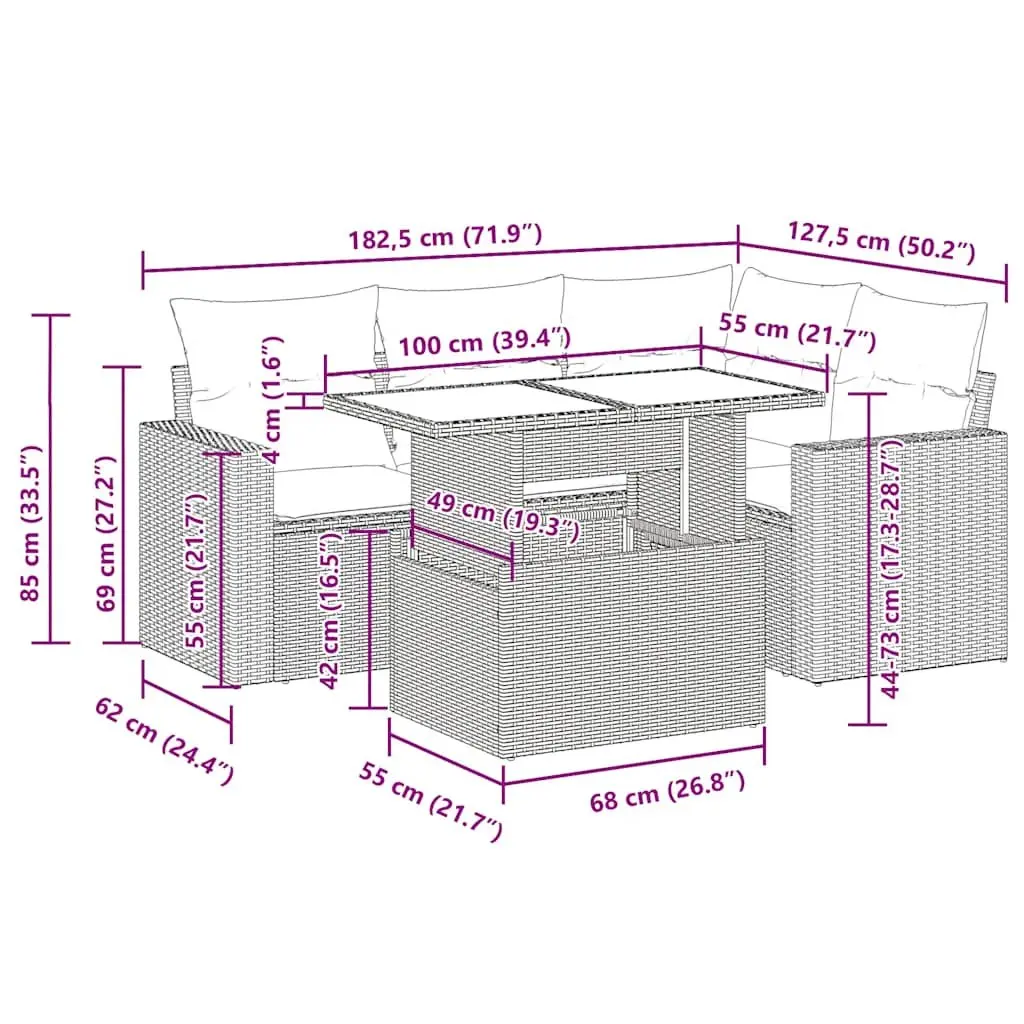 5 Piece Outdoor Sofa Set Black Sectional with Cushions Weather Resistant Rattan for Patio Garden