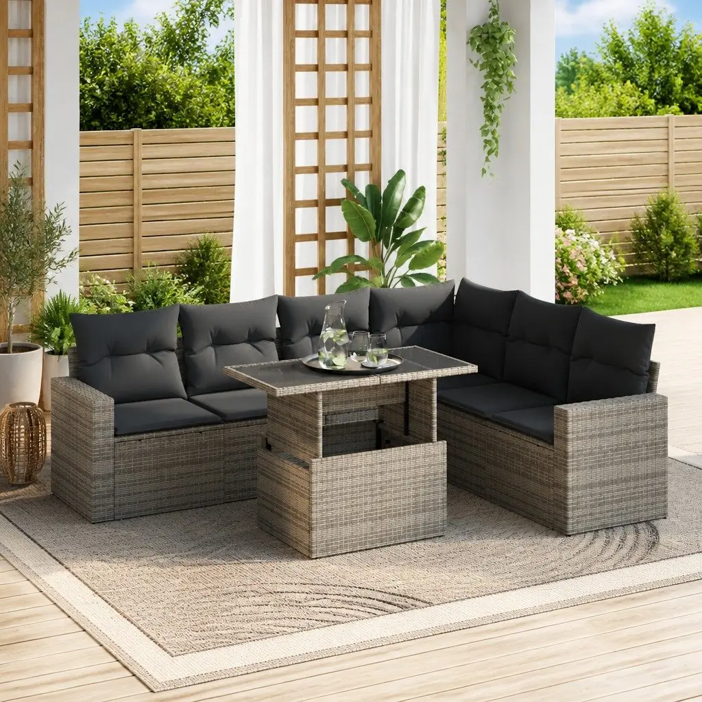 7 Piece Garden Sofa Set Grey Poly Rattan with Cushions Adjustable Table Storage Compartment