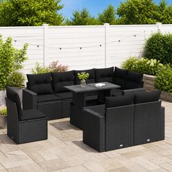Garden Sofa Set 9 Piece Outdoor Patio Furniture Black Poly Rattan Cushions