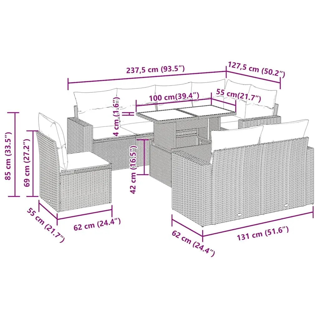 Garden Sofa Set Grey 9 Piece Outdoor Furniture Poly Rattan Patio Lounge Seating