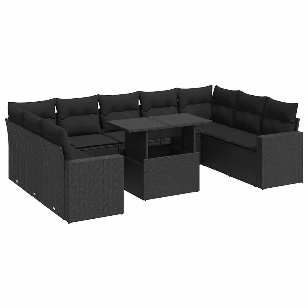 Garden Sofa Set Black 10 Piece Outdoor Furniture PE Poly Rattan Powder Coated Steel Frame
