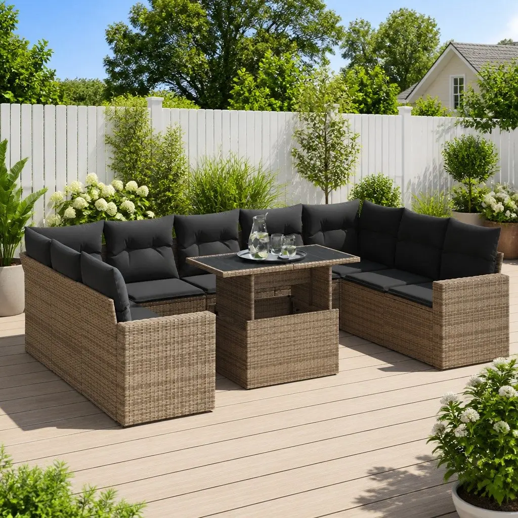 Garden Sofa Set Grey 10 Piece Outdoor Furniture Poly Rattan Adjustable Tabletop Removable Cushion Covers