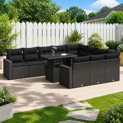 Garden Sofa Set 11 Piece Outdoor Furniture Black Poly Rattan Patio Seating with