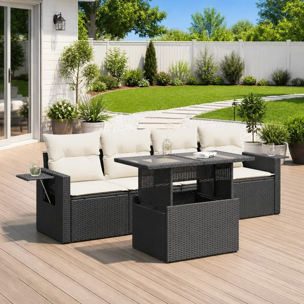 Garden Sofa Set Black 5 Piece Outdoor Furniture Adjustable Table Storage Function