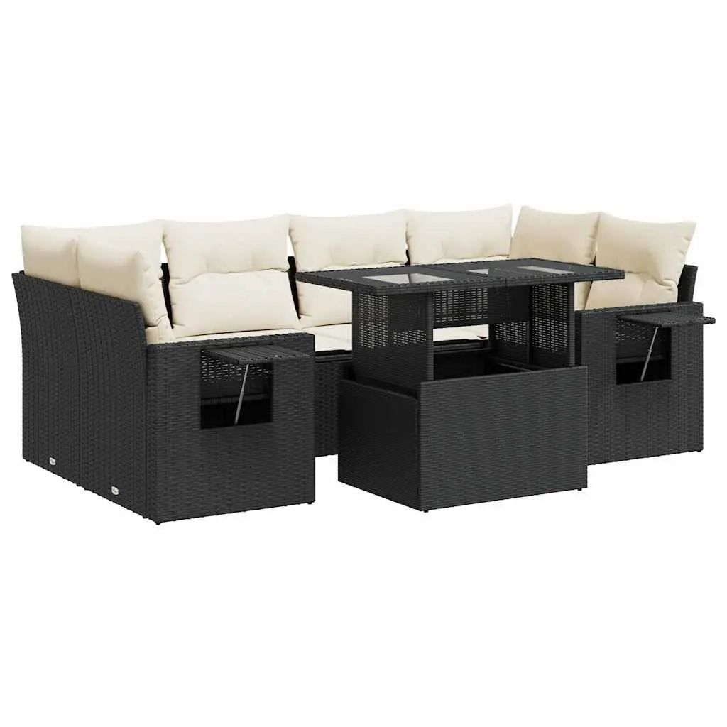 7 Piece Garden Sofa Set Black Poly Rattan with Cushions Adjustable Tabletop