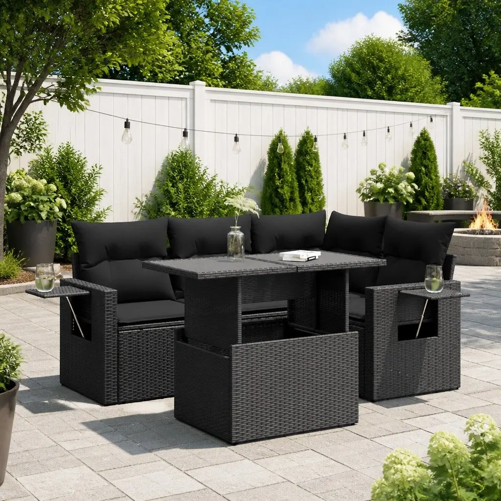 5 Piece Outdoor Garden Sofa Set with Storage Cushions Black Poly Rattan Patio