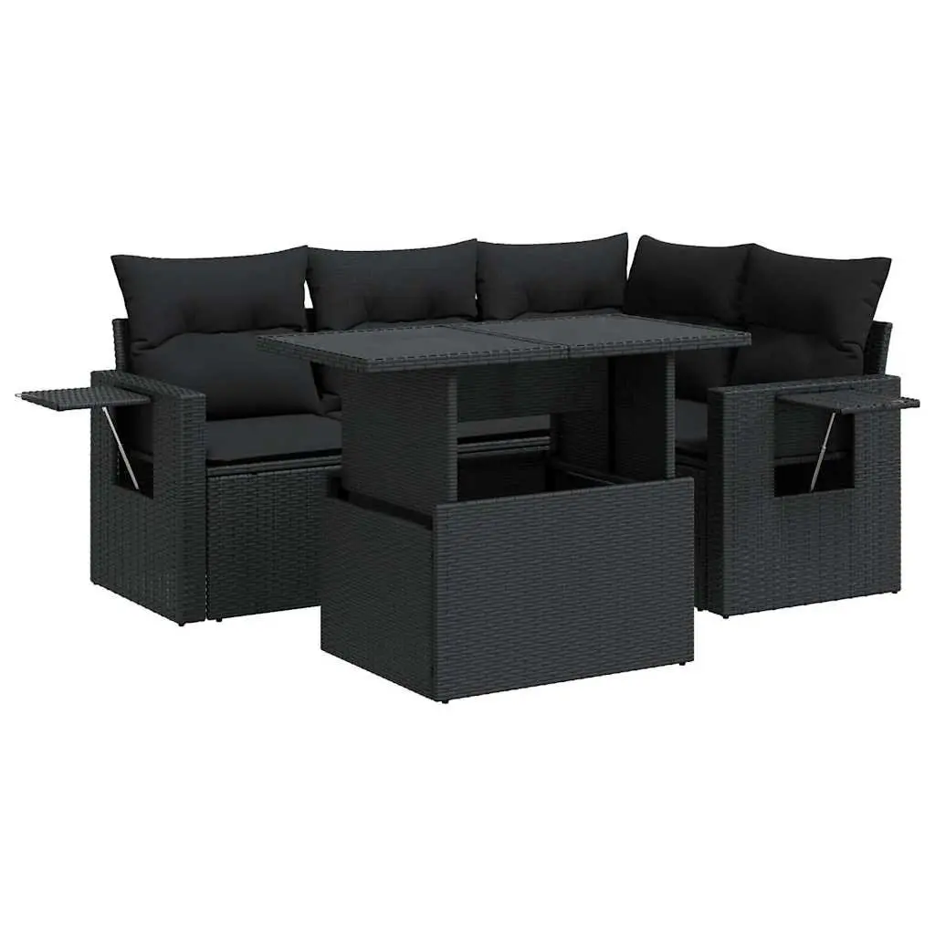5 Piece Outdoor Garden Sofa Set with Storage Cushions Black Poly Rattan Patio