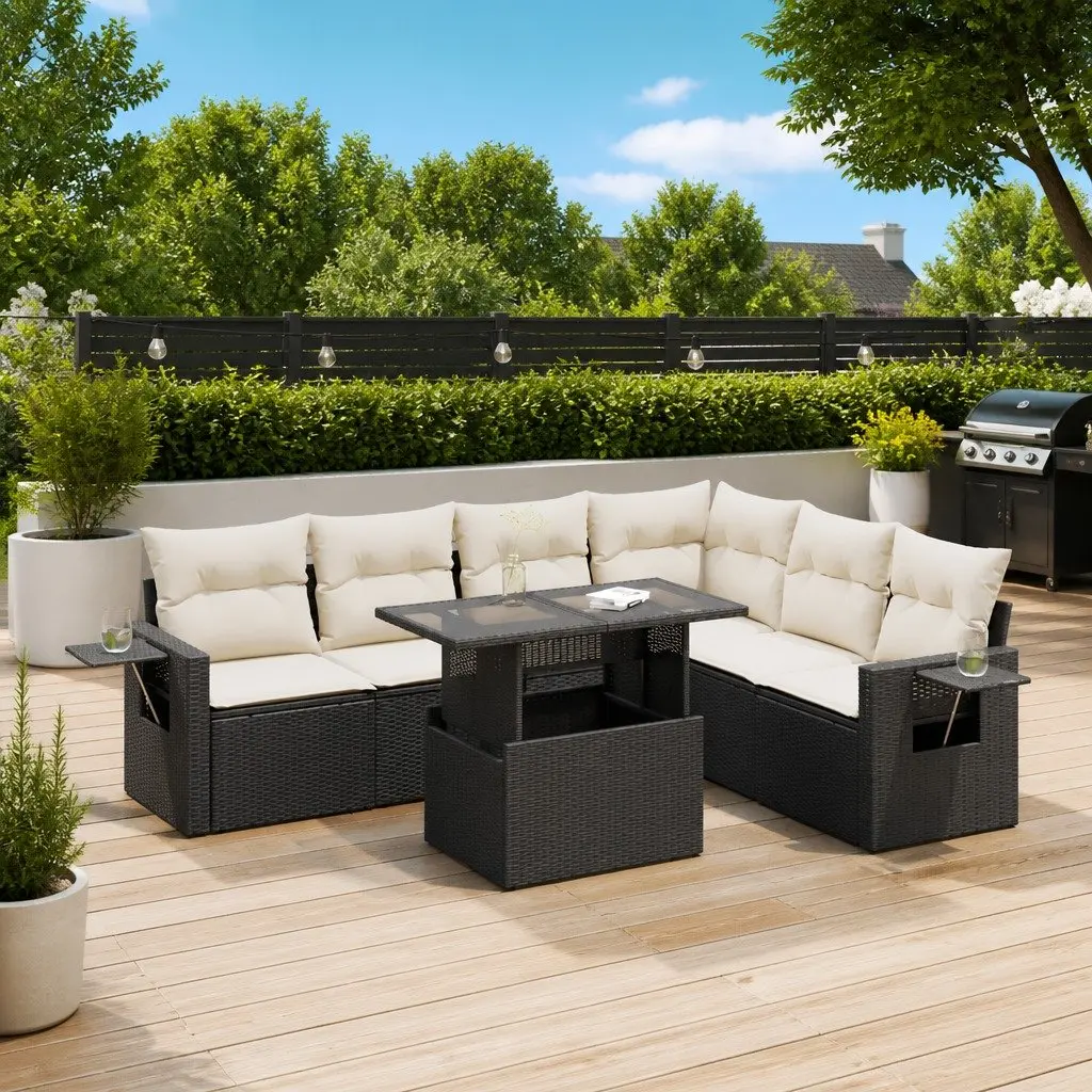 7 Piece Garden Sofa Set Black Outdoor Lounge Furniture with Cushions Adjustable Table Storage Compartments