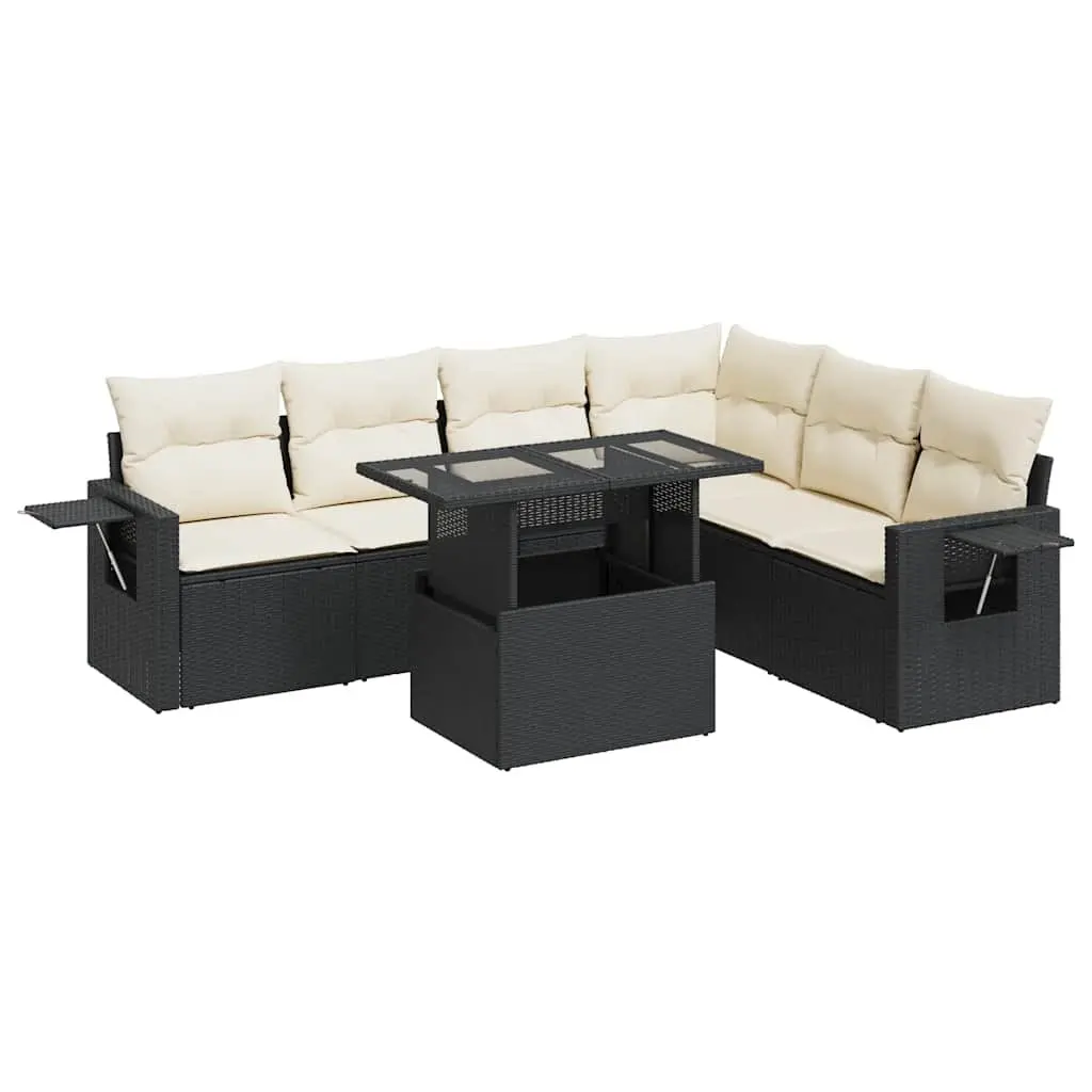 7 Piece Garden Sofa Set Black Outdoor Lounge Furniture with Cushions Adjustable Table Storage Compartments