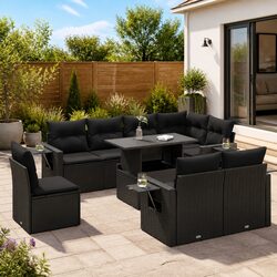 Garden Sofa Set 9 Piece Outdoor Patio Furniture Black Poly Rattan with Cushions