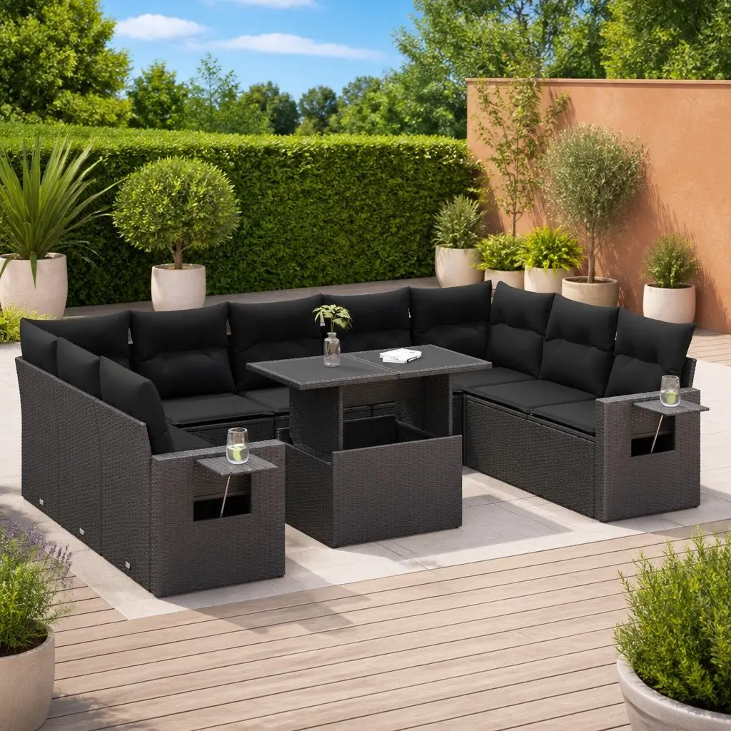 Garden Sofa Set Black 10 Piece Outdoor Furniture Patio Lounge Poly Rattan