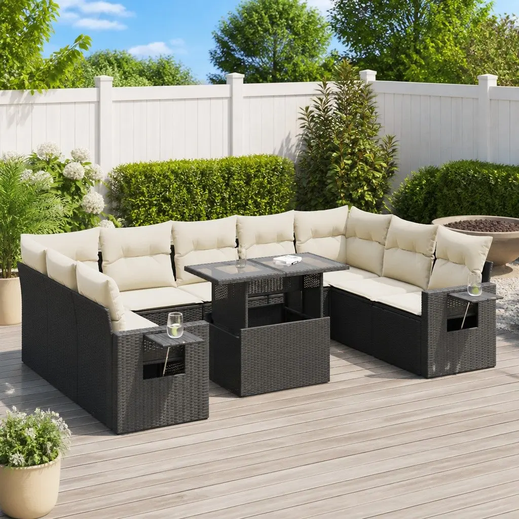 Garden Sofa Set 10 Piece Outdoor Furniture Black Poly Rattan Patio Sectional