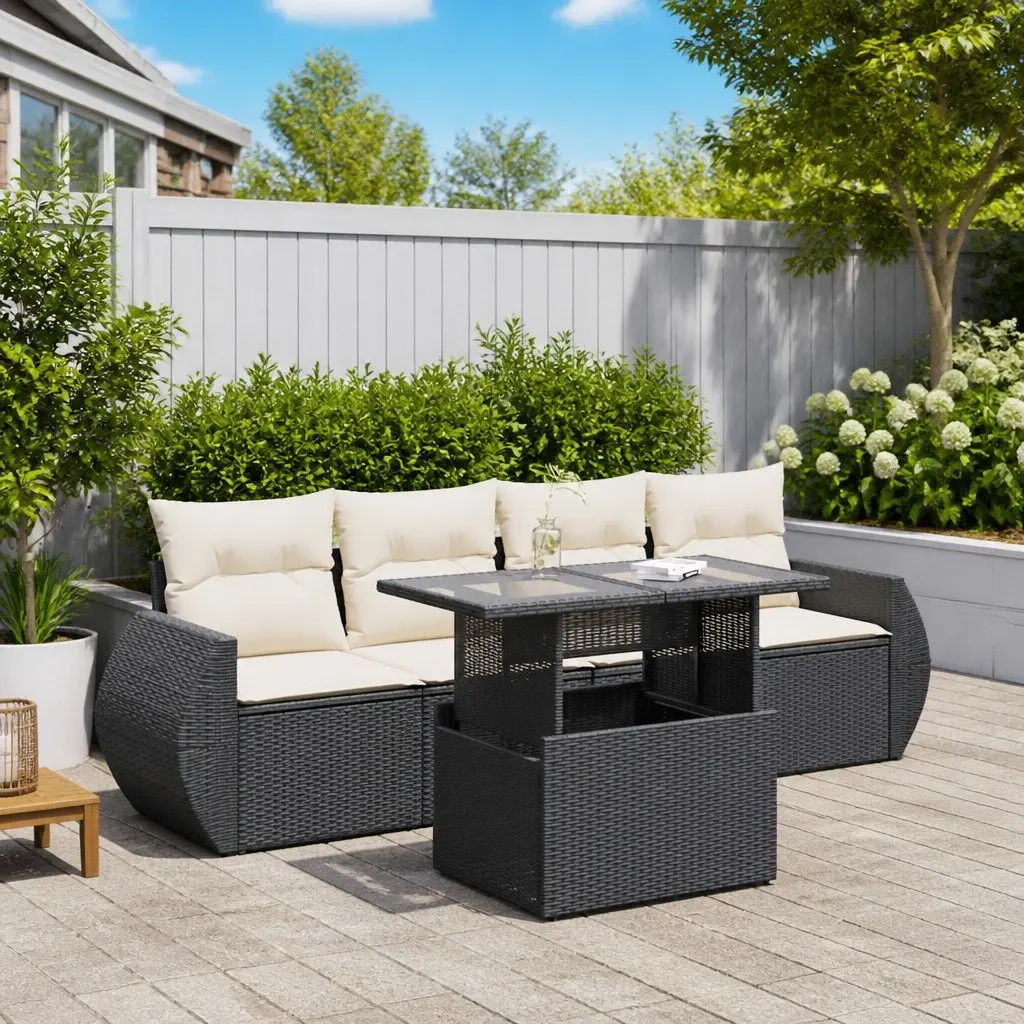 5 Piece Garden Sofa Set Black PE Rattan Outdoor Furniture with Storage Adjustable Table Removable Cushion Covers